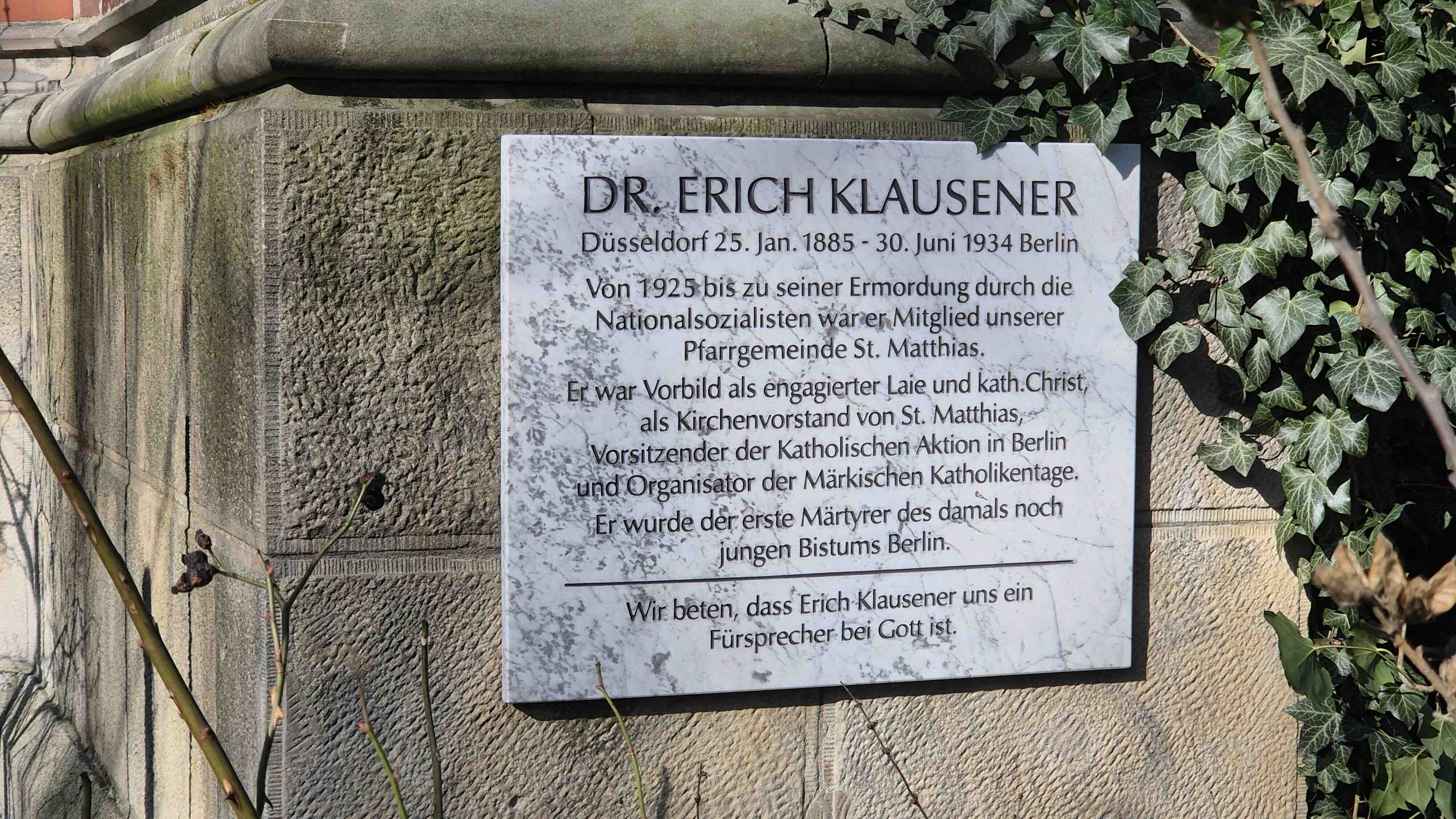 Fotografie der Gedenktafel für Erich Klausener